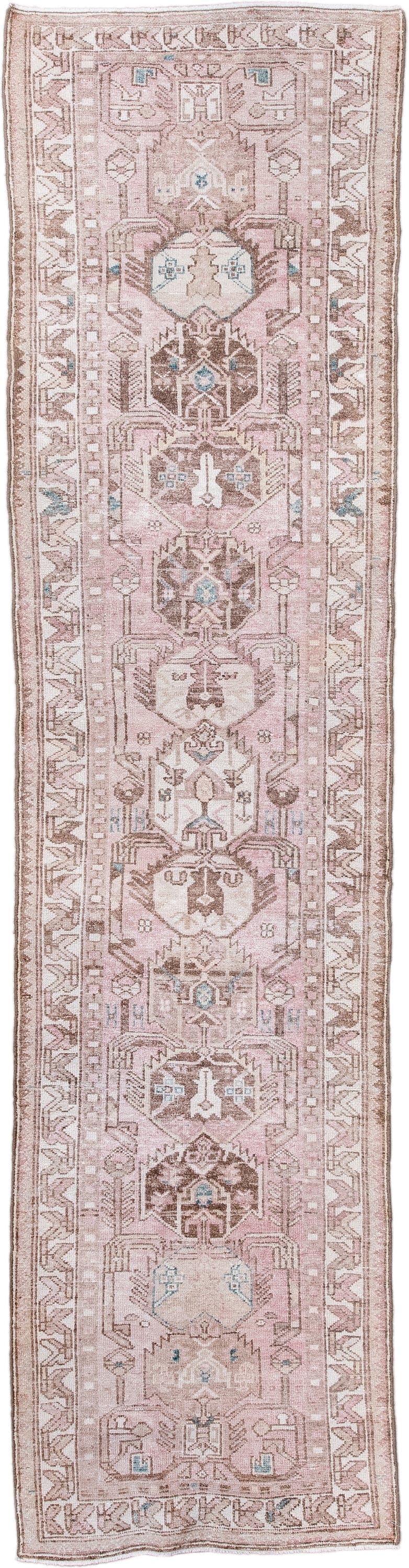 2' x 9' one-of-a-kind handmade antique Hamadan runner rug. Color palette: rose, ivory, taupe, brown, pale aqua, pink, red