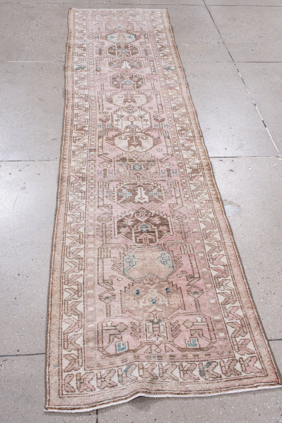 2' x 9' one-of-a-kind handmade antique Hamadan runner rug. Color palette: rose, ivory, taupe, brown, pale aqua, pink, red