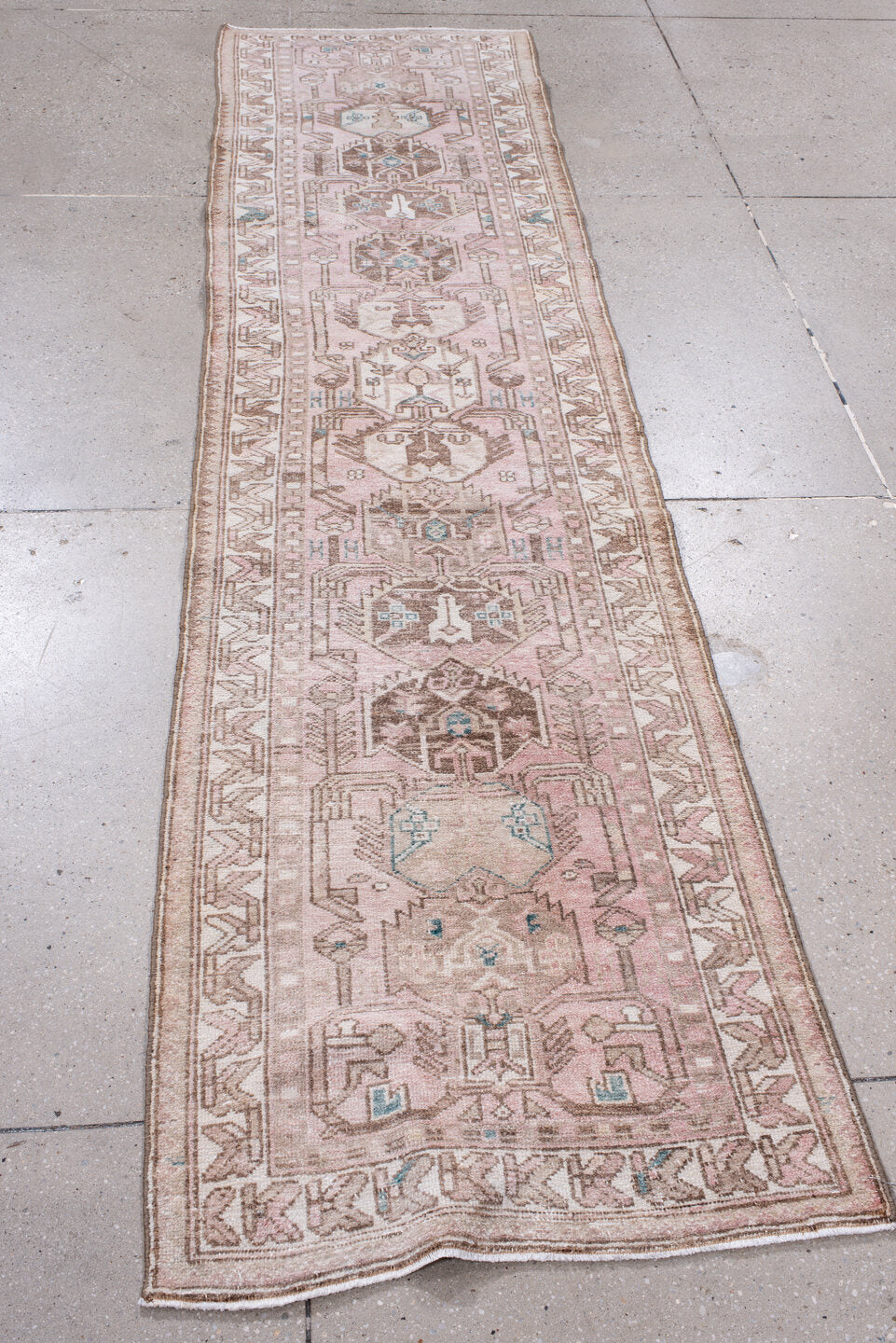 2' x 9' one-of-a-kind handmade antique Hamadan runner rug. Color palette: rose, ivory, taupe, brown, pale aqua, pink, red