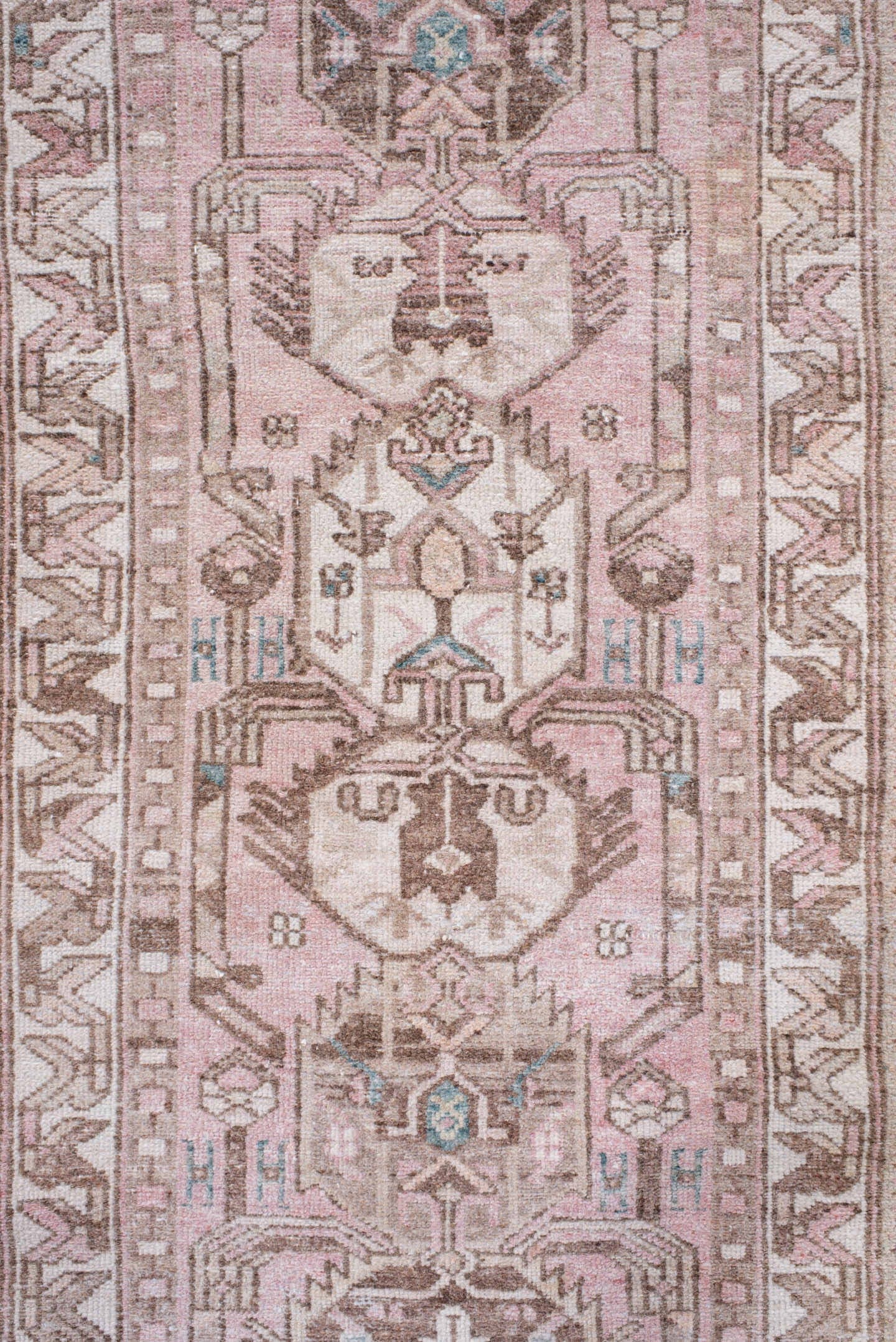 2' x 9' one-of-a-kind handmade antique Hamadan runner rug. Color palette: rose, ivory, taupe, brown, pale aqua, pink, red