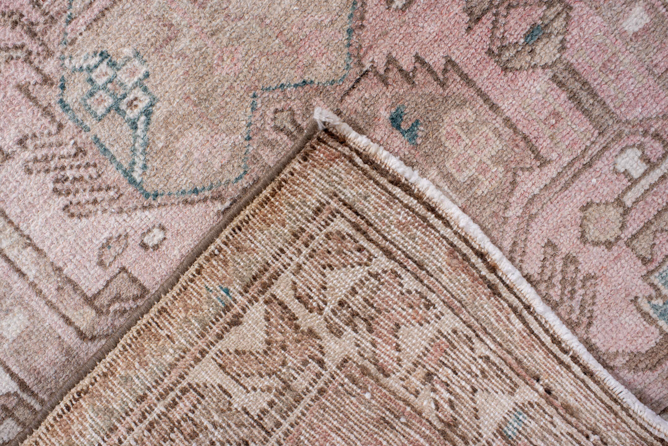 2' x 9' one-of-a-kind handmade antique Hamadan runner rug. Color palette: rose, ivory, taupe, brown, pale aqua, pink, red