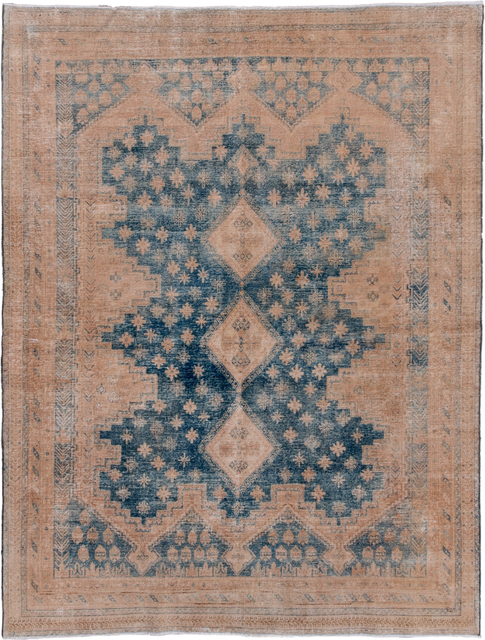 5' x 7' one-of-a-kind handmade antique Afshar rug. Color palette: camel, blue, sand, taupe, ivory, slate, beige, gray