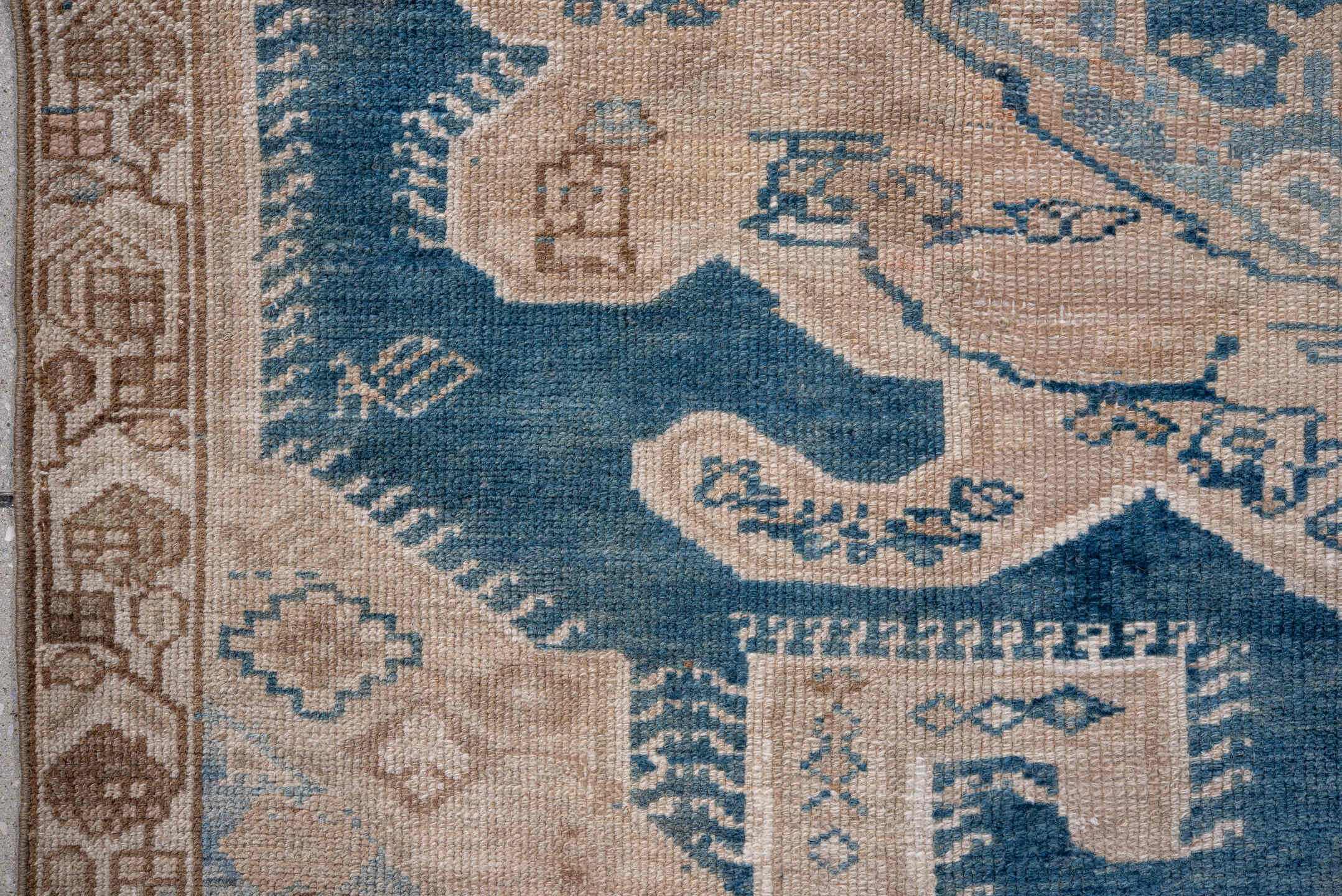 4' x 5' one-of-a-kind handmade vintage Malayer small size rug. Color palette: blue, ivory, taupe, camel, light blue, brown