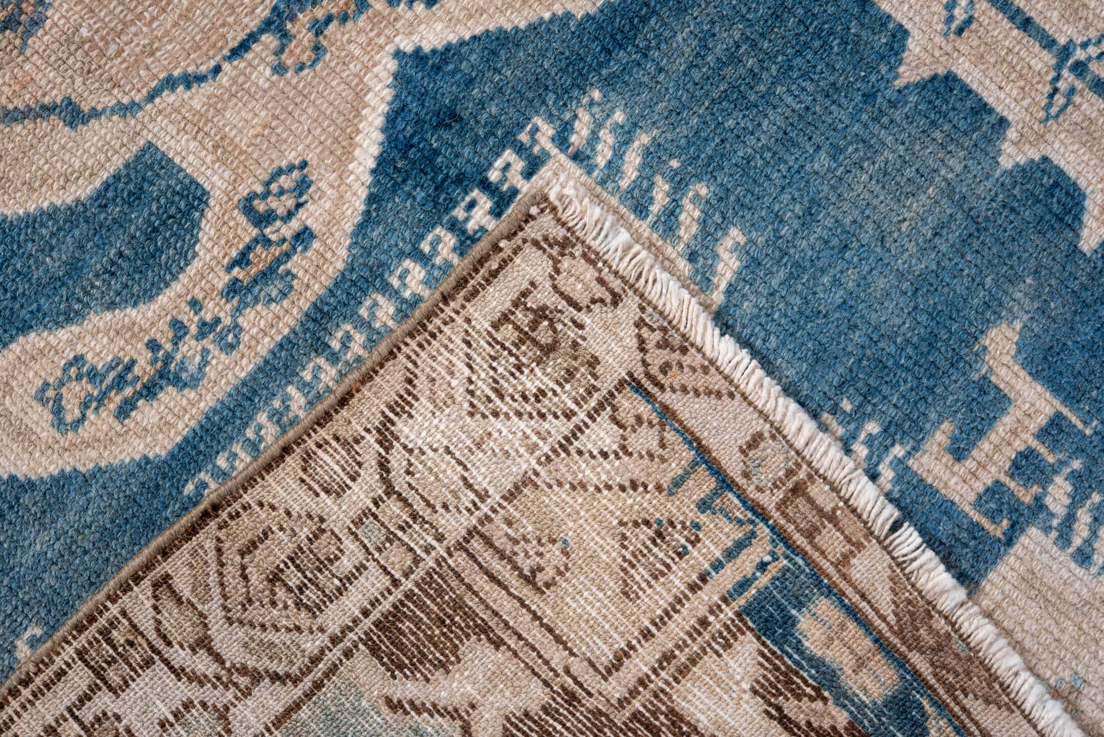 4' x 5' one-of-a-kind handmade vintage Malayer small size rug. Color palette: blue, ivory, taupe, camel, light blue, brown