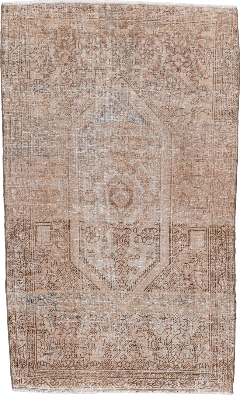 2' x 4' one-of-a-kind handmade vintage Sarouk small size rug. Color palette: camel, ivory, taupe, beige, sage, gray, green
