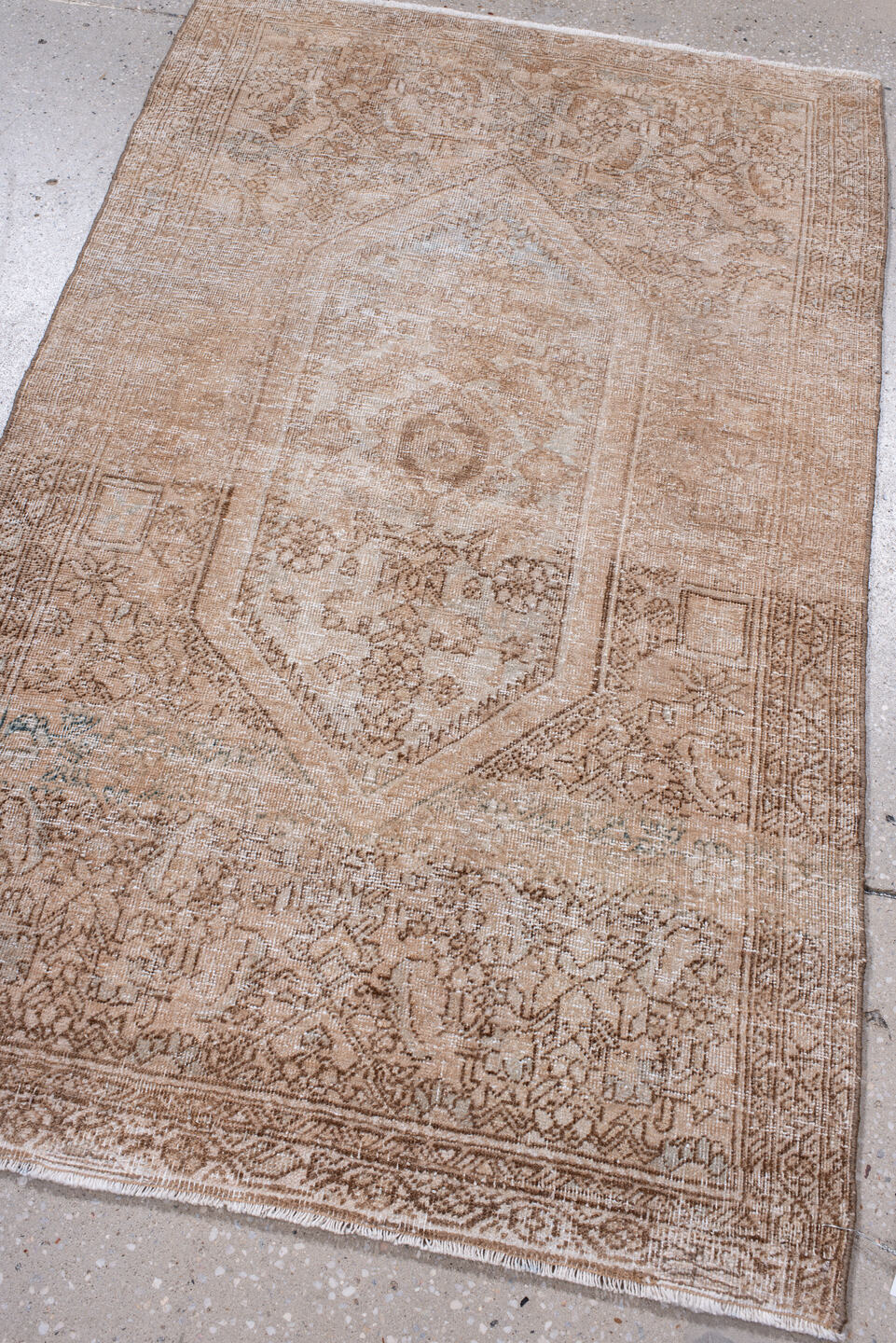 2' x 4' one-of-a-kind handmade vintage Sarouk small size rug. Color palette: camel, ivory, taupe, beige, sage, gray, green