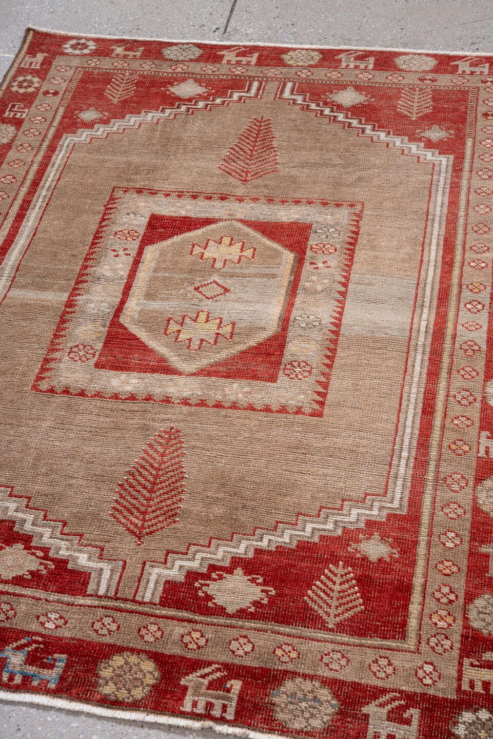 3' x 4' one-of-a-kind handmade vintage Anatol small size rug. Color palette: brown, dark gray, gray, light gray, linen