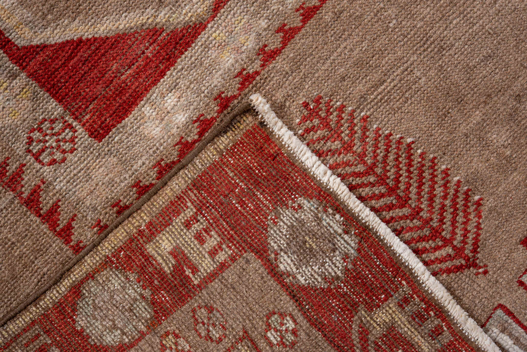 3' x 4' one-of-a-kind handmade vintage Anatolian small size rug. Color palette: rust, taupe, ivory, red, beige, camel, gold