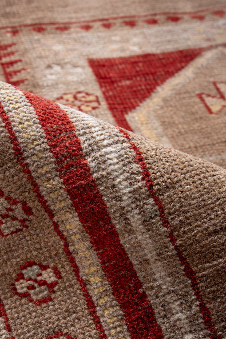 3' x 4' one-of-a-kind handmade vintage Anatolian small size rug. Color palette: rust, taupe, ivory, red, beige, camel, gold