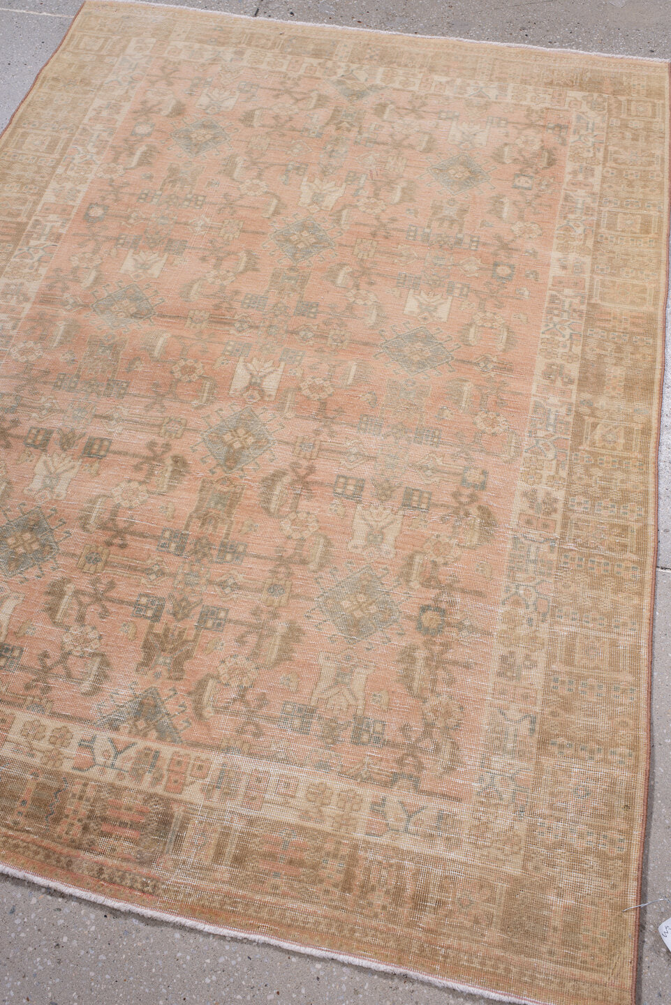 3' x 5' one-of-a-kind handmade vintage Abadeh small size rug. Color palette: rose, taupe, camel, ivory, sage, peach, sand