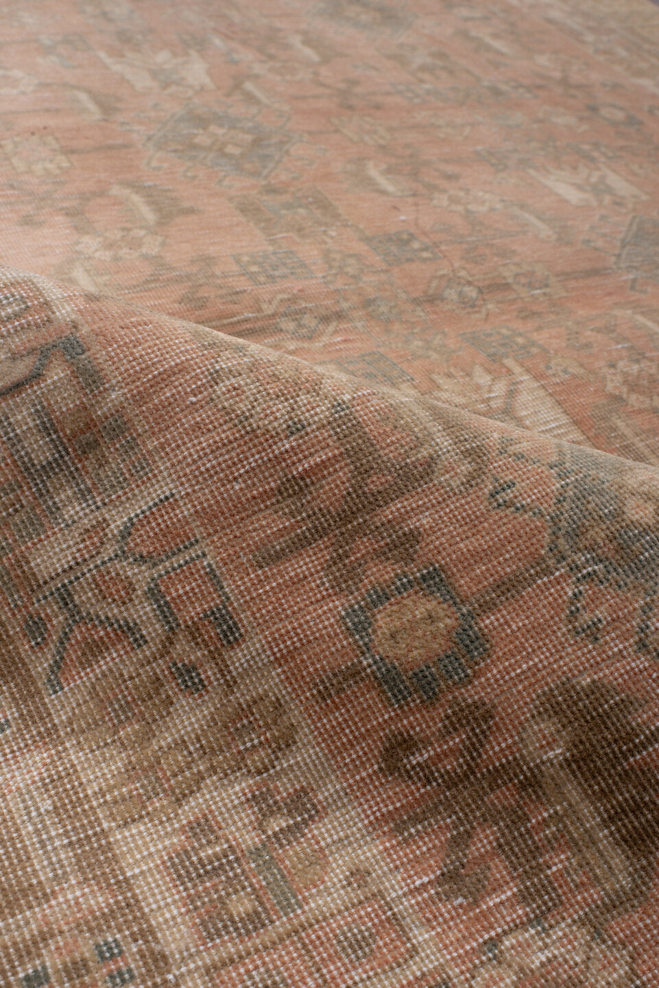 3' x 5' one-of-a-kind handmade vintage Abadeh small size rug. Color palette: rose, taupe, camel, ivory, sage, peach, sand