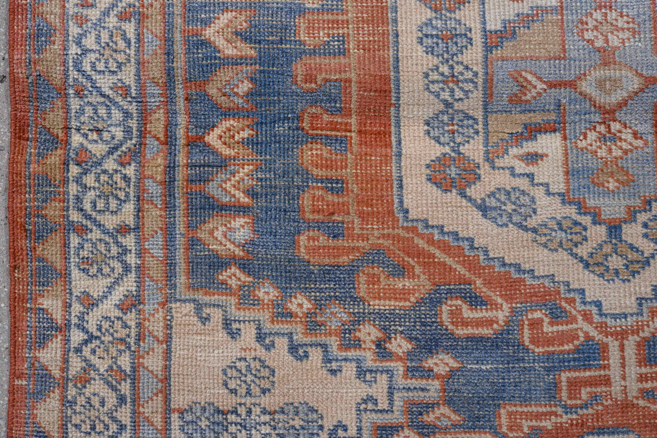 3' x 5' one-of-a-kind handmade antique Veece small size rug. Color palette: ivory, blue, rust, light blue, terra cotta