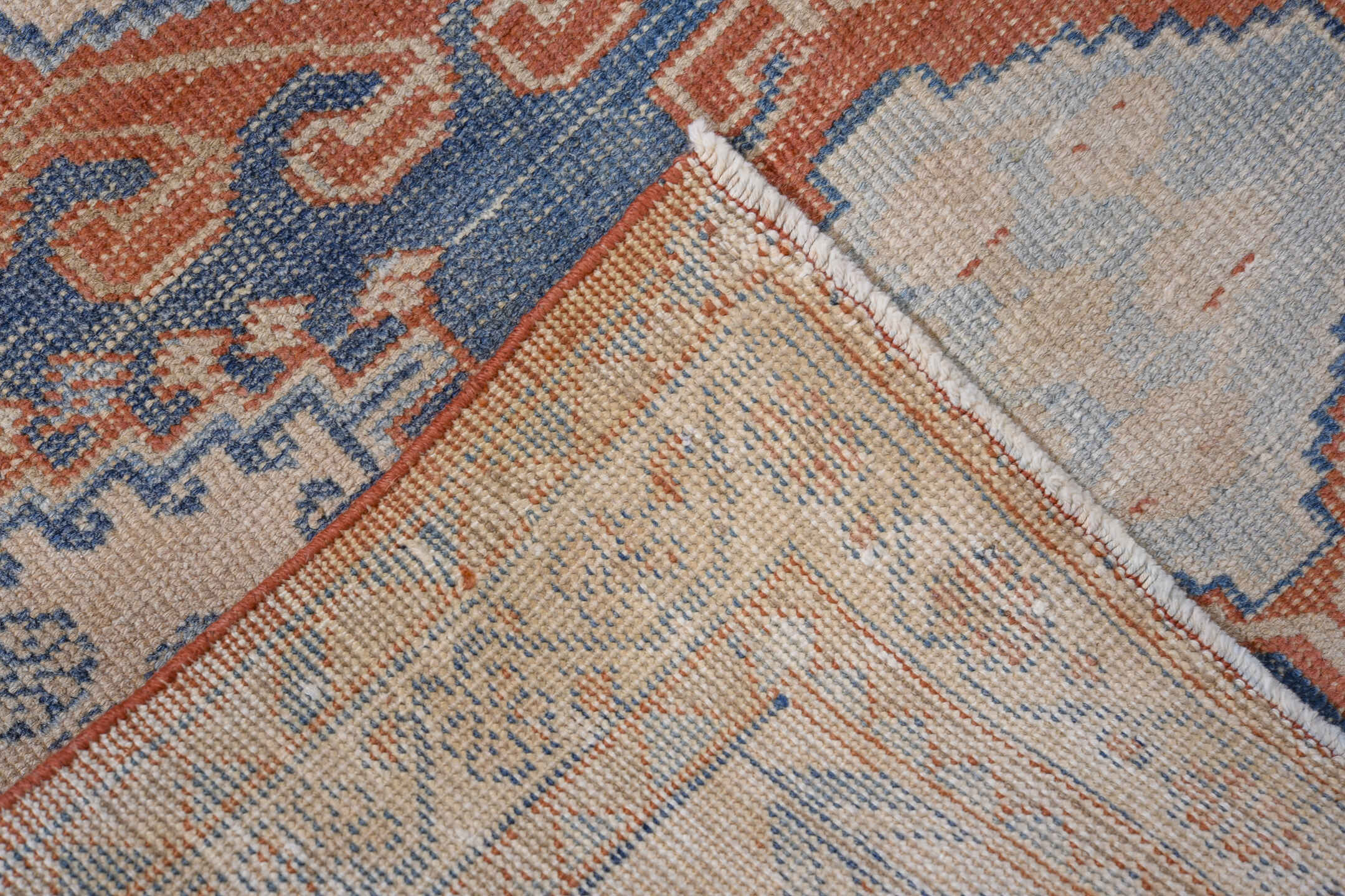 3' x 5' one-of-a-kind handmade antique Veece small size rug. Color palette: ivory, blue, rust, light blue, terra cotta