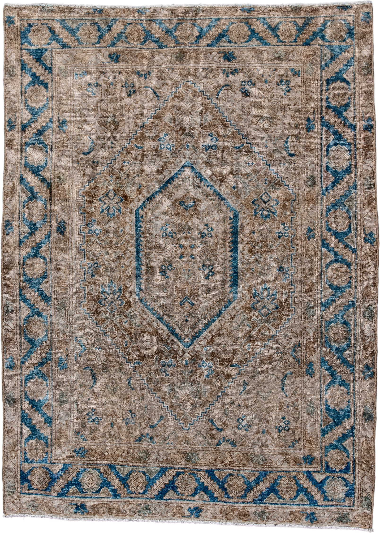 3' x 5' one-of-a-kind handmade antique Bidjar small size rug. Color palette: ivory, taupe, blue, beige, camel, slate, gray