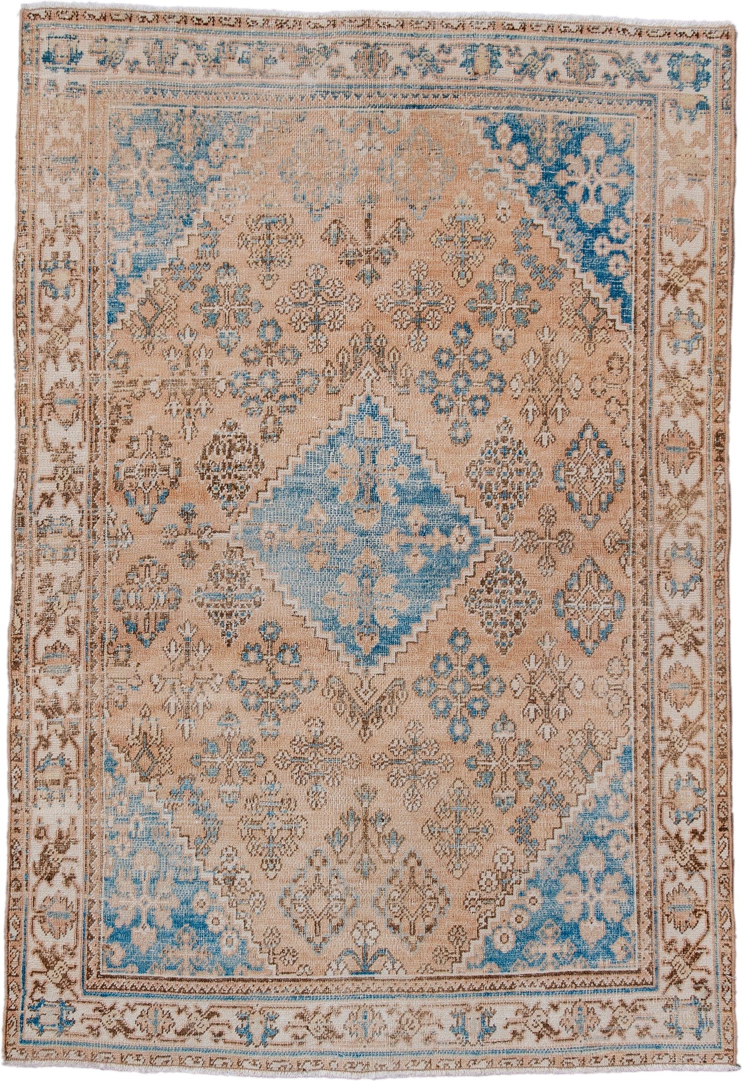 3' x 5' one-of-a-kind handmade antique Abadeh small size rug. Color palette: camel, ivory, pale blue, taupe, brown, beige