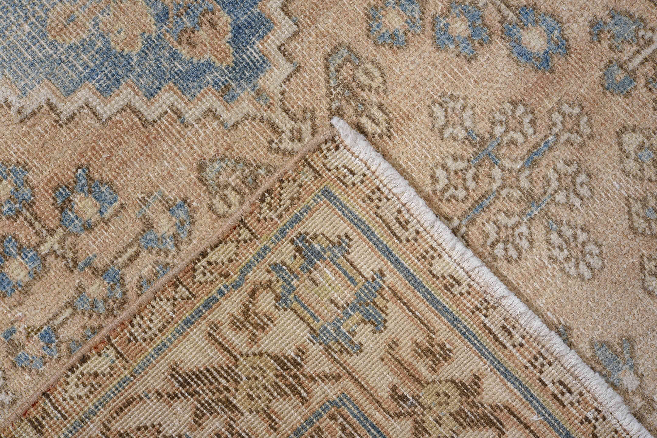 3' x 5' one-of-a-kind handmade antique Abadeh small size rug. Color palette: camel, ivory, pale blue, taupe, brown, beige