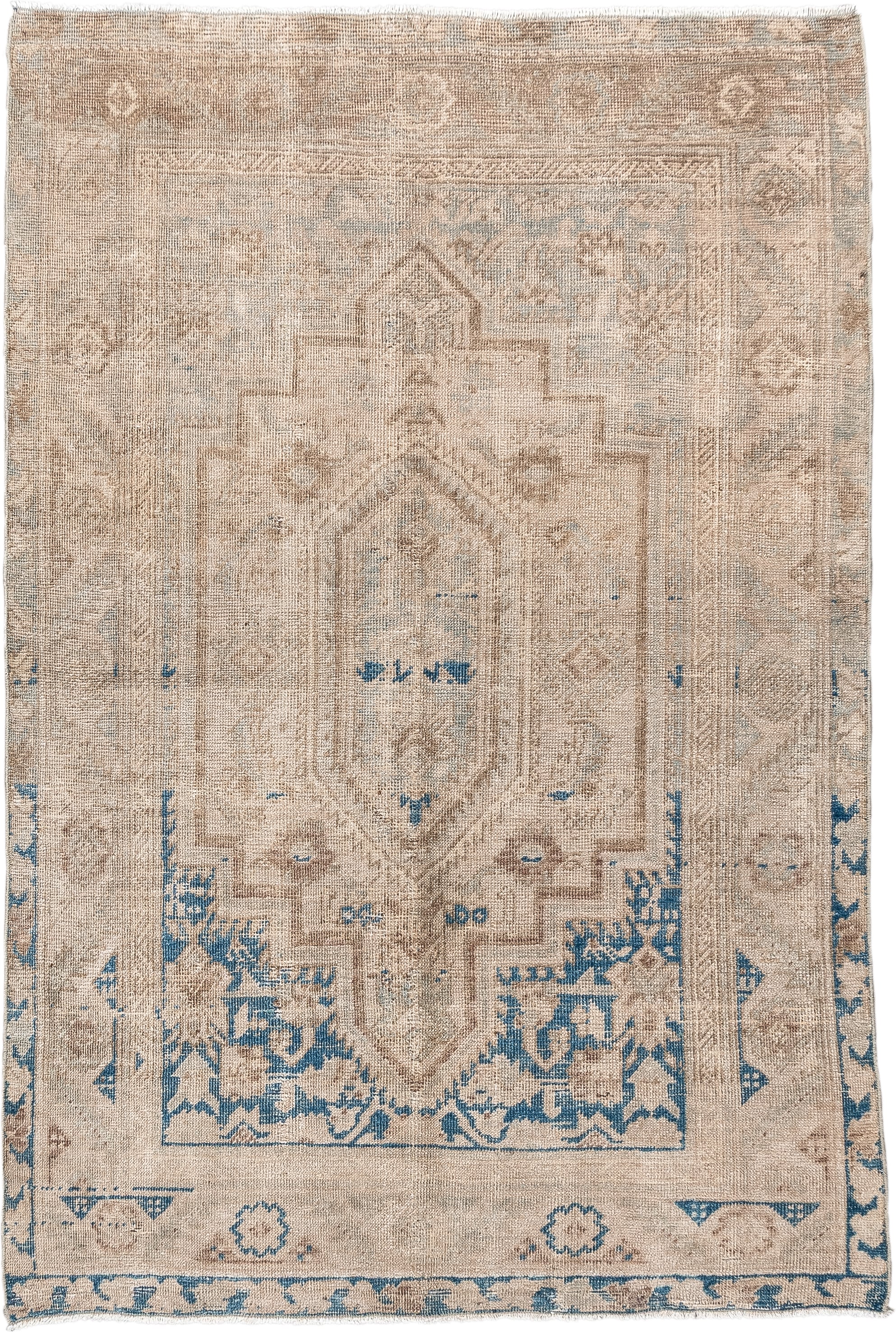 3' x 5' one-of-a-kind handmade antique Sarouk small size rug. Color palette: ivory, beige, blue, taupe, gray