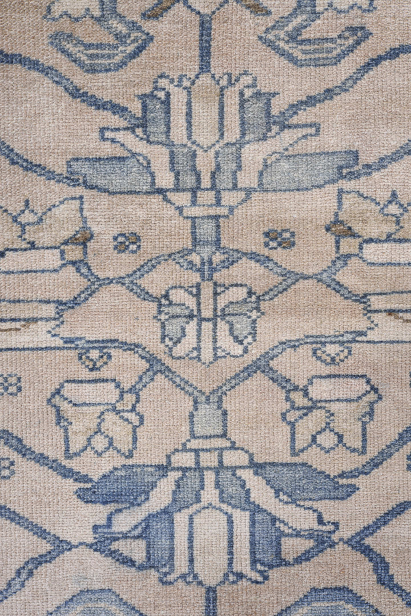 2' x 5' one-of-a-kind handmade antique Lilian small size rug. Color palette: ivory, slate, taupe, camel, blue_gray, gray