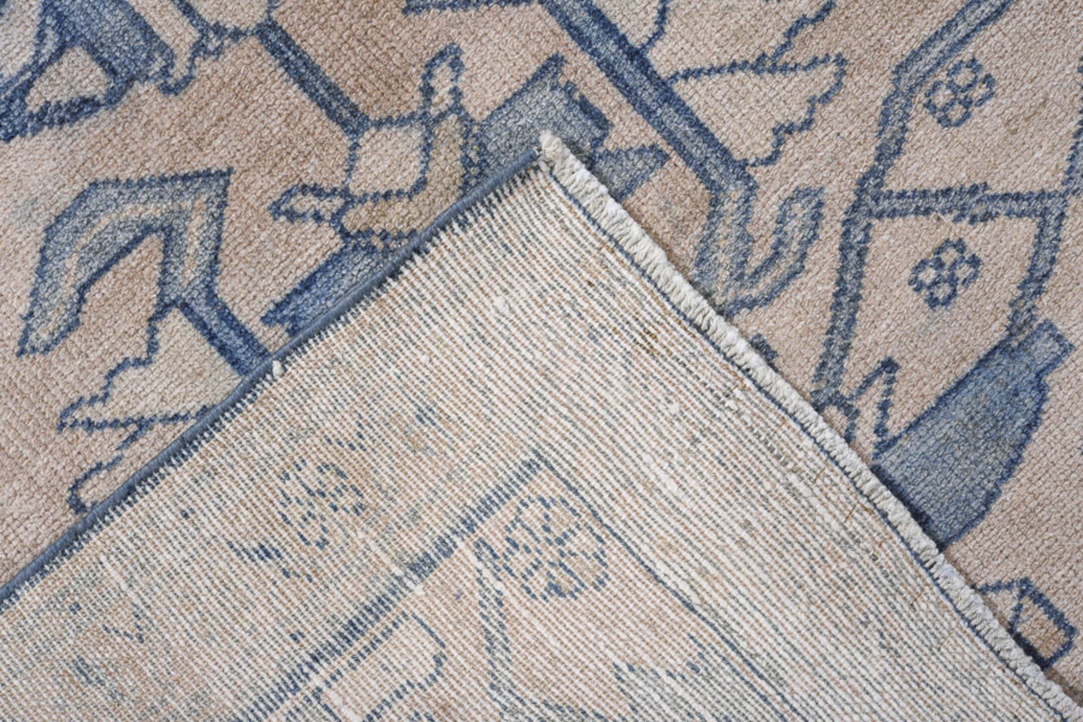 2' x 5' one-of-a-kind handmade antique Lilian small size rug. Color palette: ivory, slate, taupe, camel, blue_gray, gray