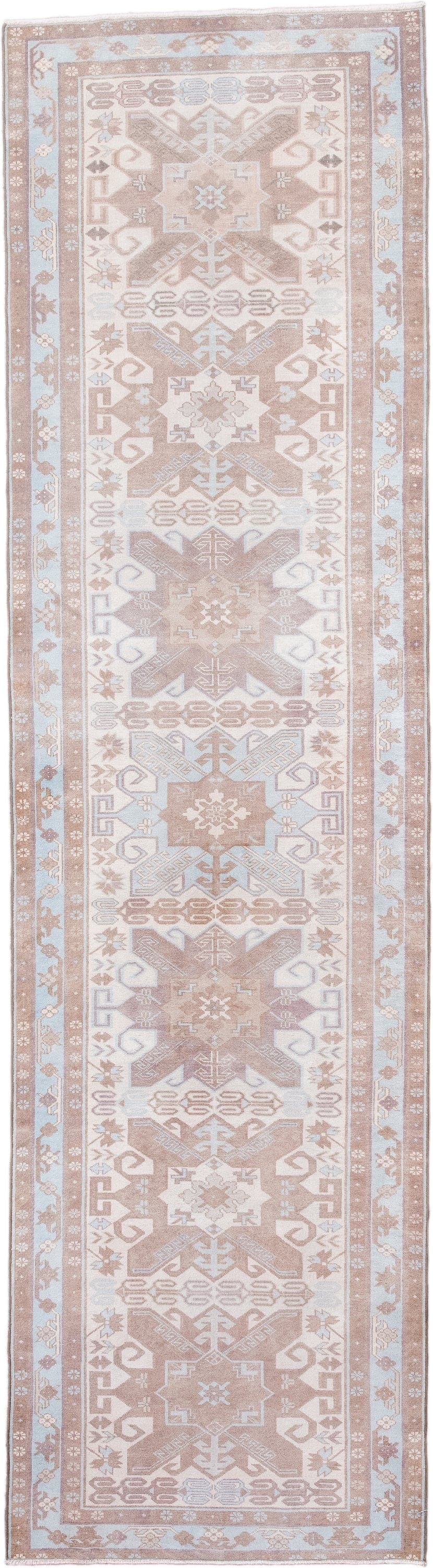 2' x 9' one-of-a-kind handmade antique Sivas runner rug. Color palette: blush, ivory, pale blue, taupe, camel, pink