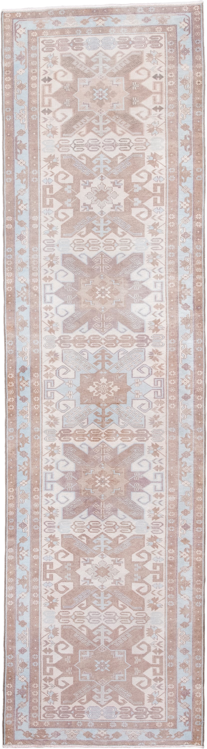 2' x 9' one-of-a-kind handmade antique Sivas runner rug. Color palette: blush, ivory, pale blue, taupe, camel, pink