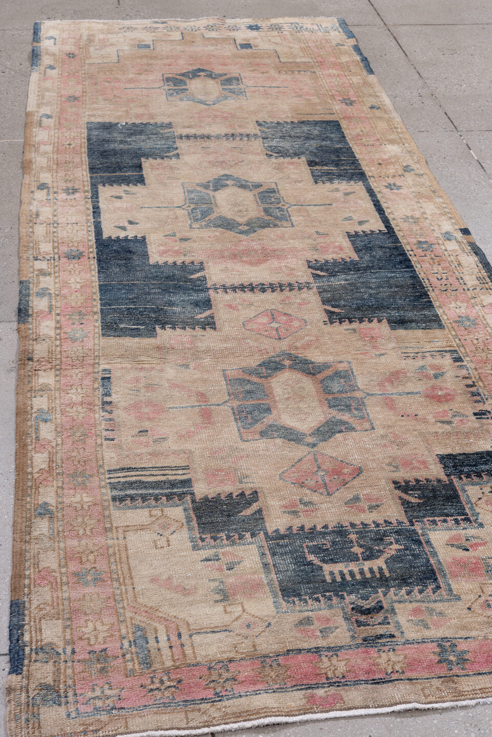 3' x 10' one-of-a-kind handmade vintage Meshkin runner rug. Color palette: black, blue, brown, gray, light gray