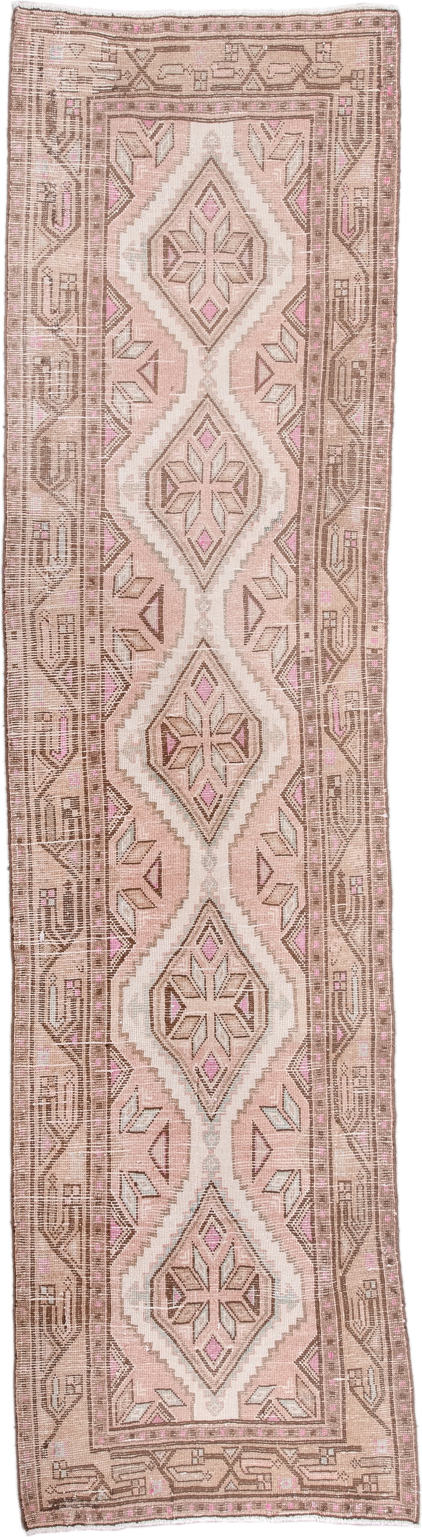 2' x 9' one-of-a-kind handmade antique Sarab runner rug. Color palette: blush, taupe, ivory, brown, rose, camel, pink, beige
