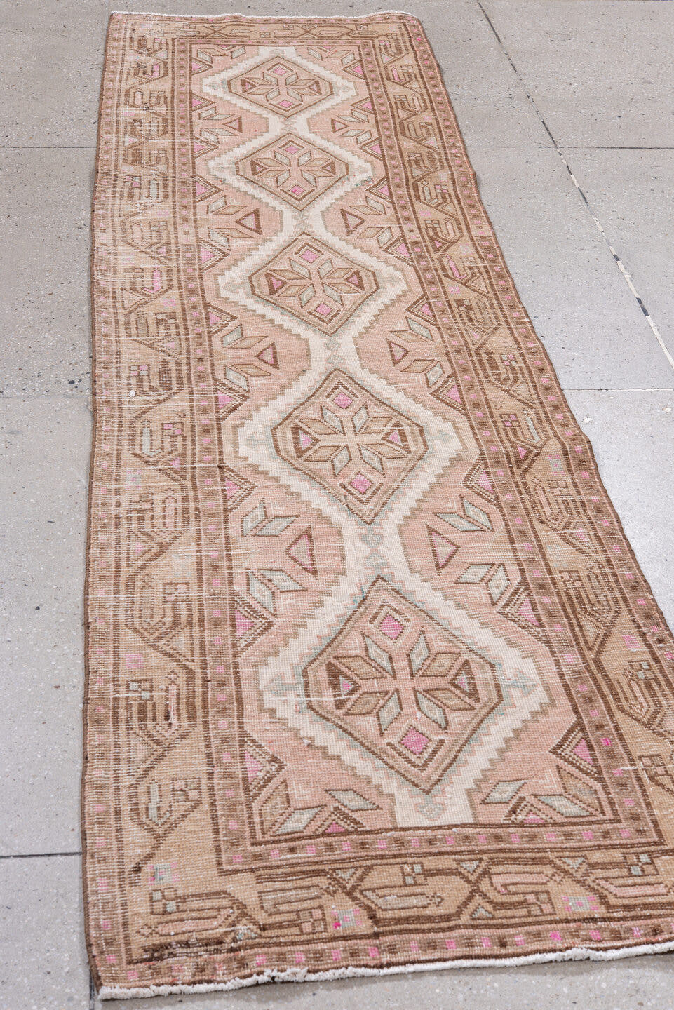 2' x 9' one-of-a-kind handmade antique Sarab runner rug. Color palette: blush, taupe, ivory, brown, rose, camel, pink, beige