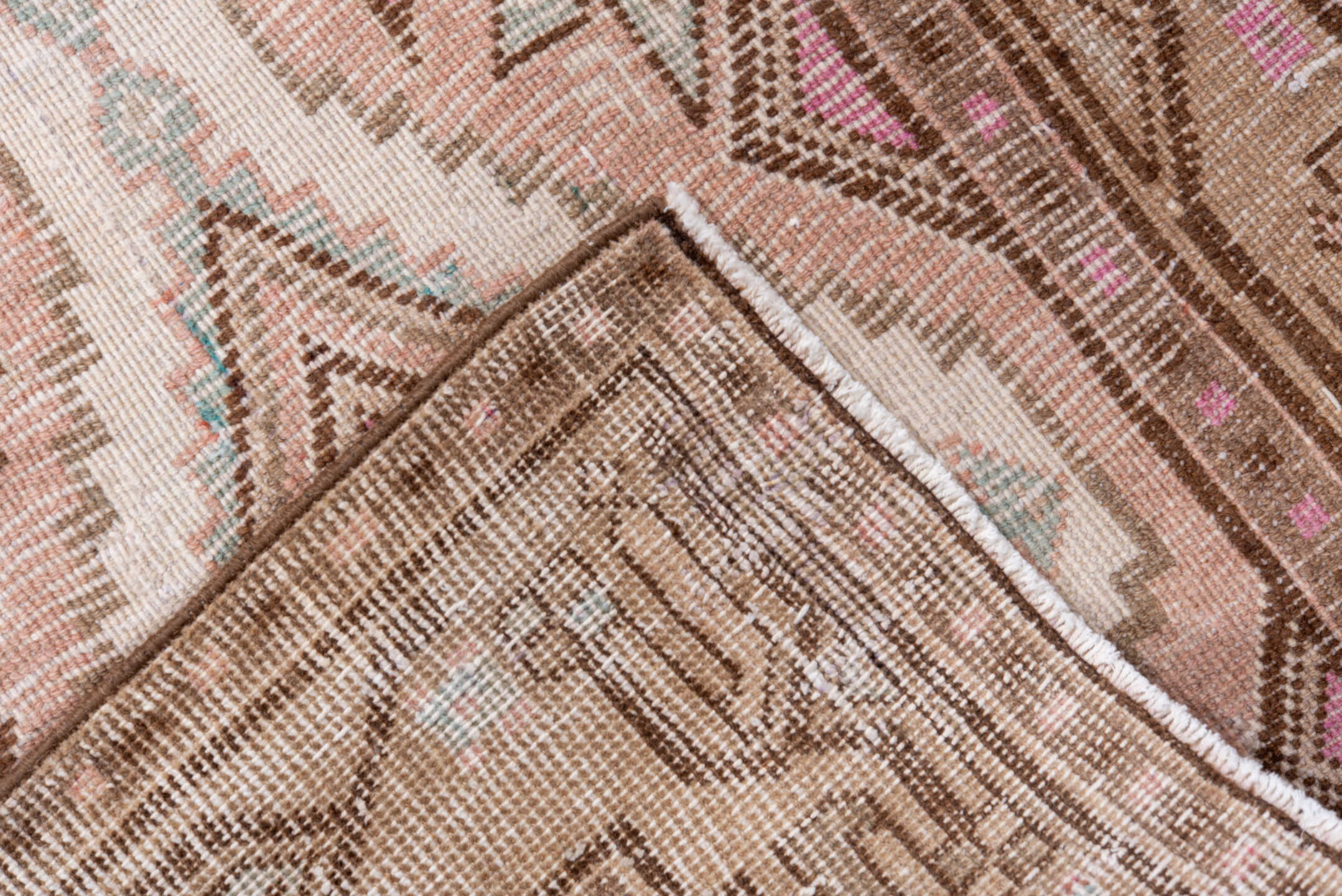 2' x 9' one-of-a-kind handmade vintage Sarab runner rug. Color palette: brown, gray, light gray, misty rose, off-white, pink