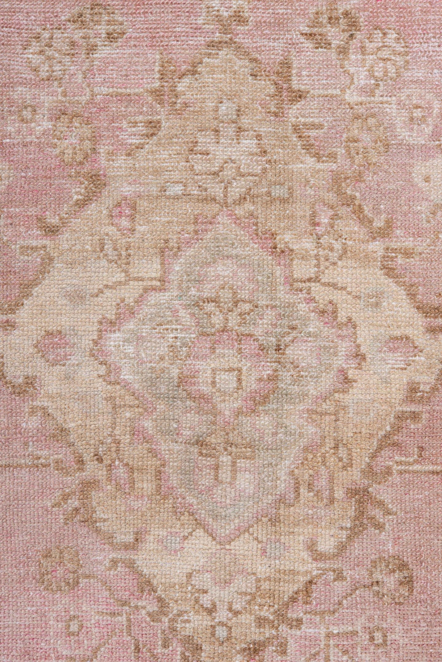 3' x 10' one-of-a-kind handmade antique Dargazin runner rug. Color palette: blush, ivory, taupe, rose, beige, pink, gray
