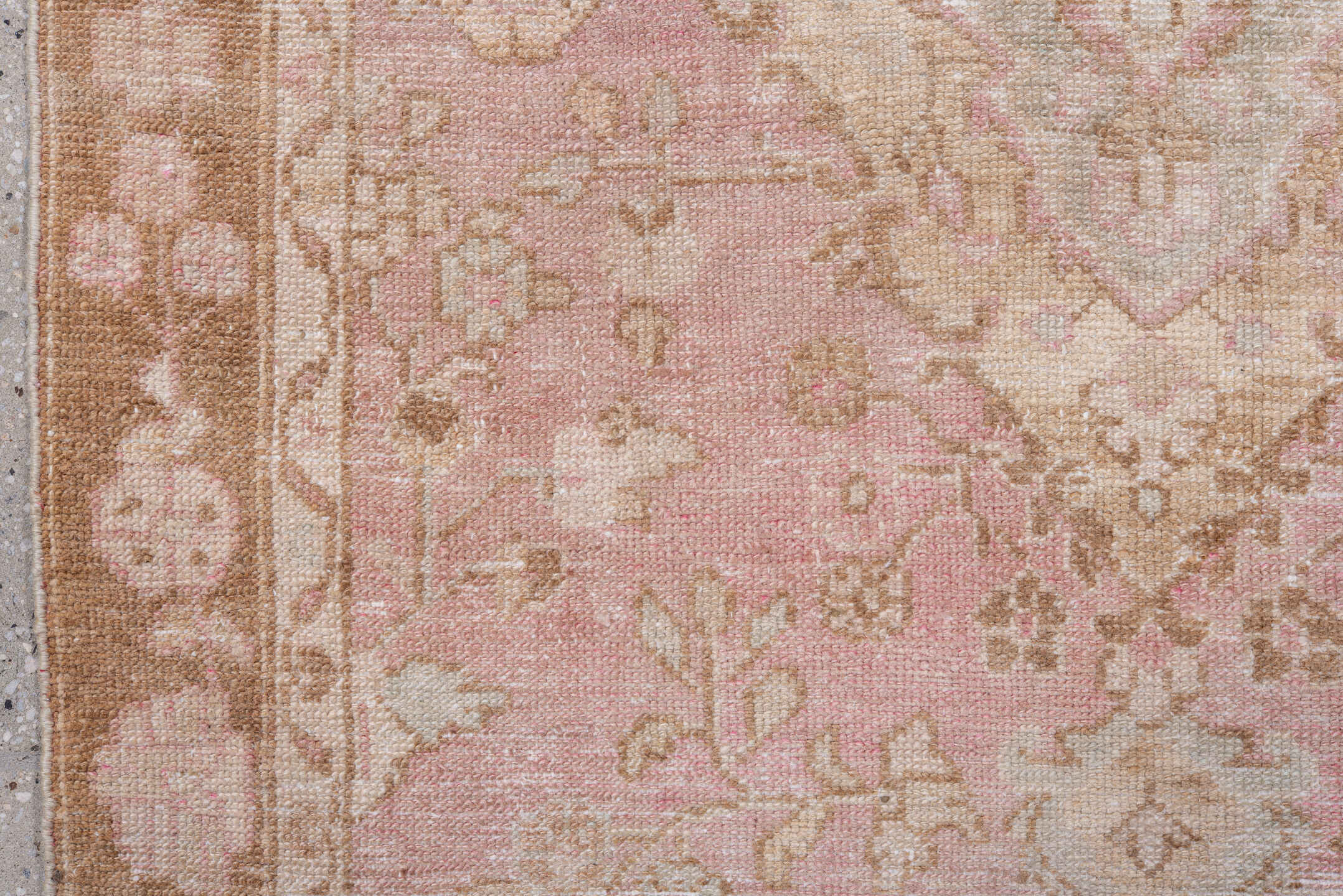 3' x 10' one-of-a-kind handmade vintage Dargazin runner rug. Color palette: brown, gray, light gray, off-white, pink, snow