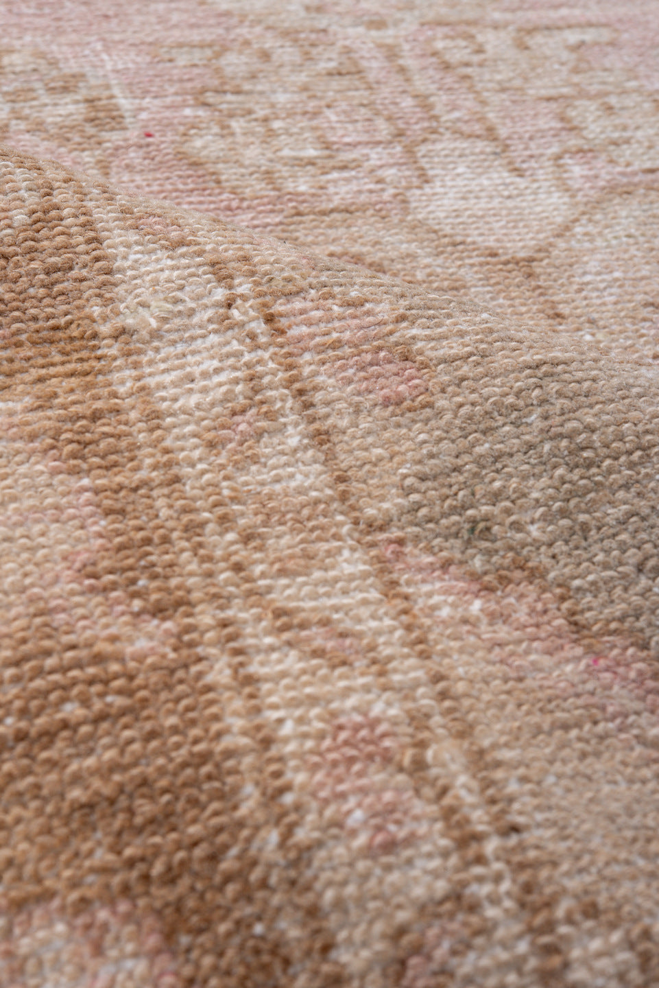 3' x 10' one-of-a-kind handmade vintage Dargazin runner rug. Color palette: brown, gray, light gray, off-white, pink, snow