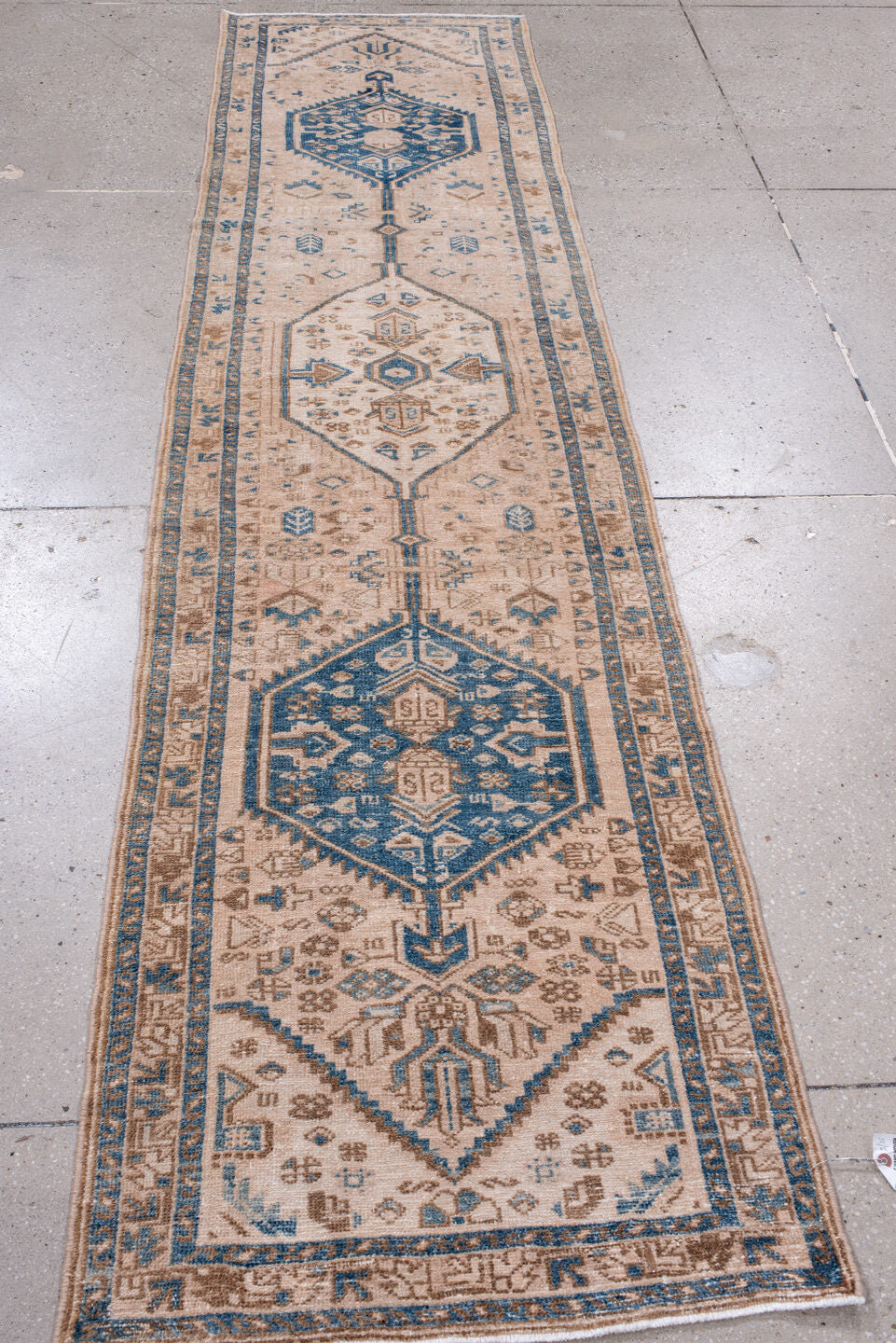 2' x 10' one-of-a-kind handmade vintage Karaje runner rug. Color palette: blue, brown, dark gray, fiord, gray, light gray