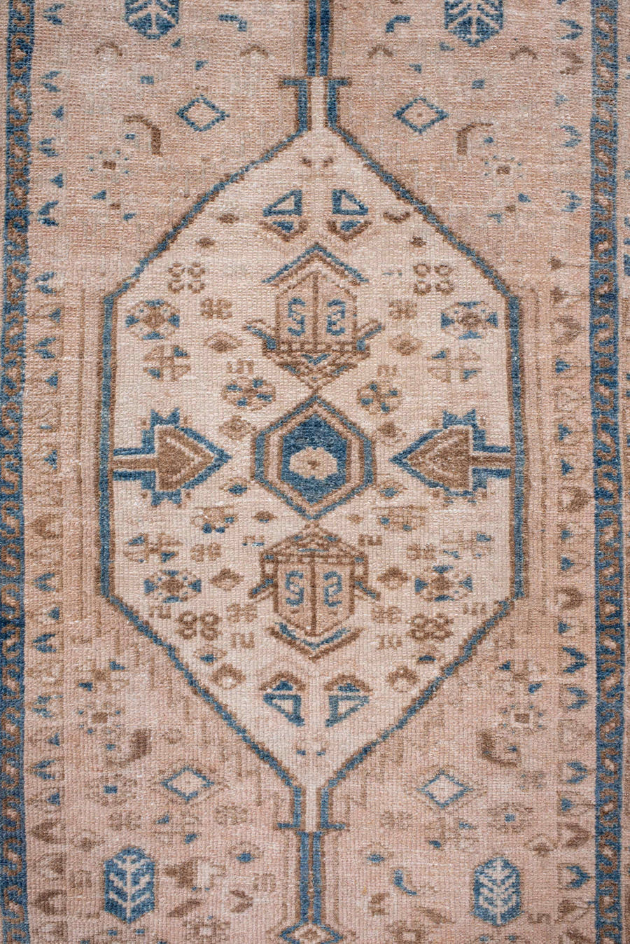 2' x 10' one-of-a-kind handmade antique Karaje runner rug. Color palette: ivory, sky_blue, camel, taupe, slate, light blue