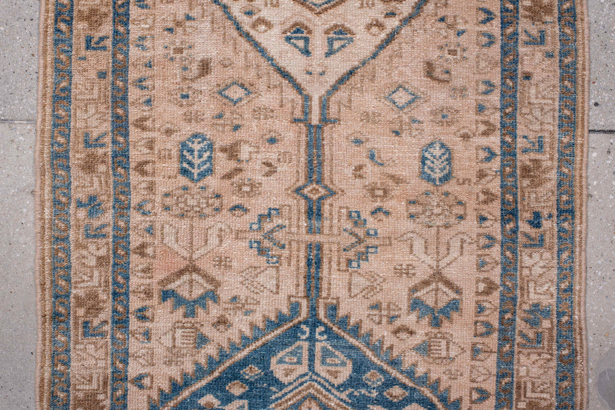 2' x 10' one-of-a-kind handmade vintage Karaje runner rug. Color palette: blue, brown, dark gray, fiord, gray, light gray