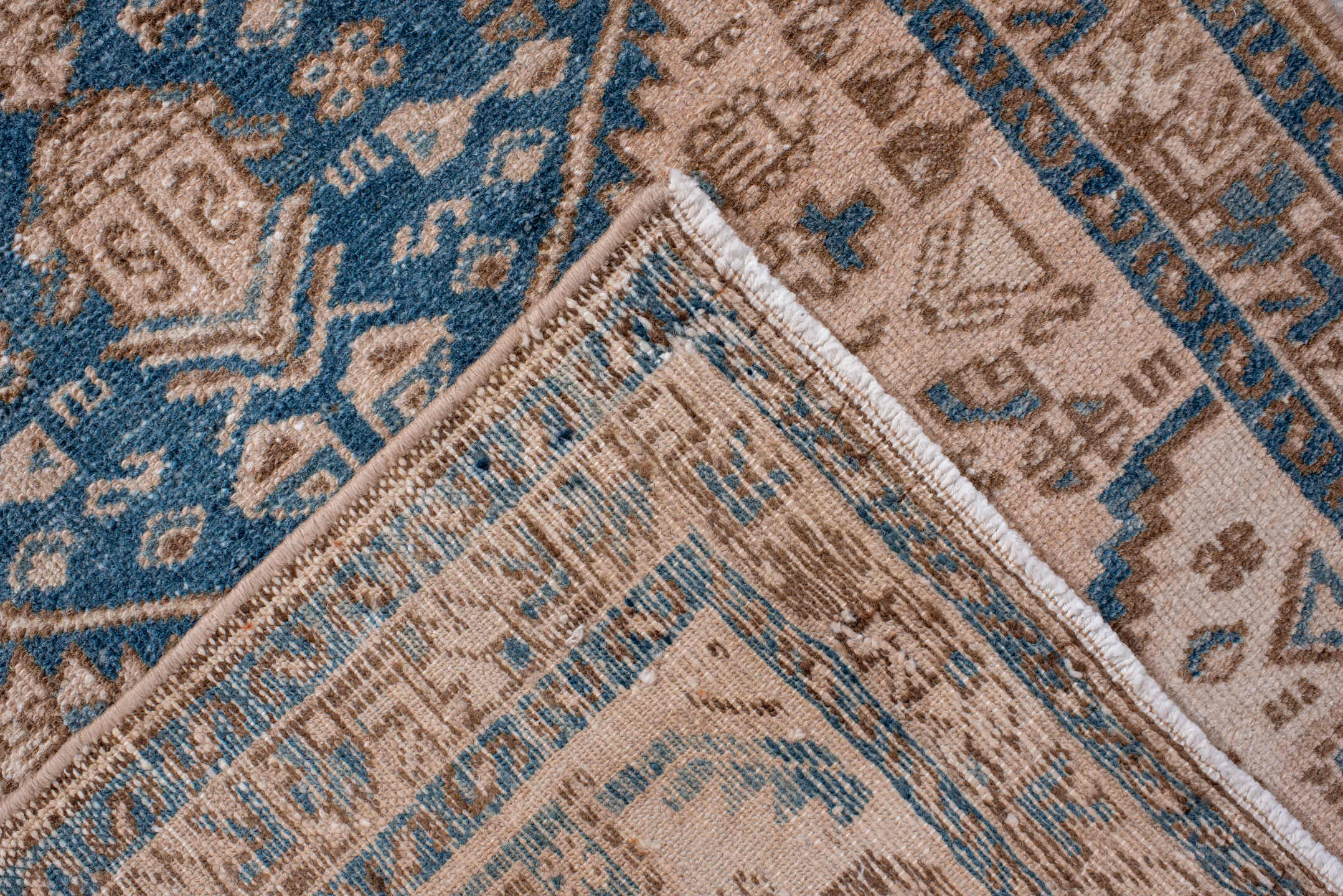 2' x 10' one-of-a-kind handmade vintage Karaje runner rug. Color palette: blue, brown, dark gray, fiord, gray, light gray