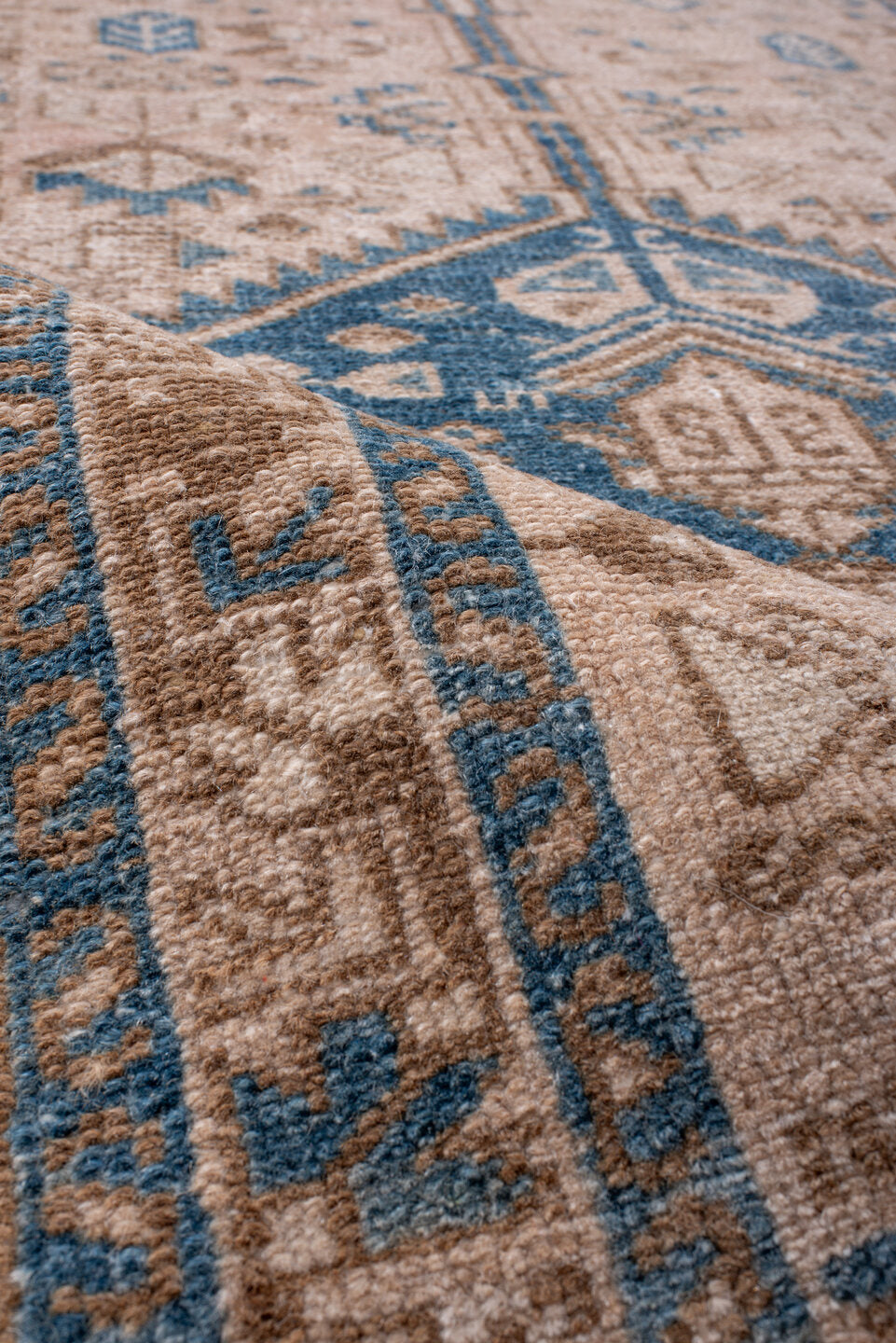 2' x 10' one-of-a-kind handmade vintage Karaje runner rug. Color palette: blue, brown, dark gray, fiord, gray, light gray