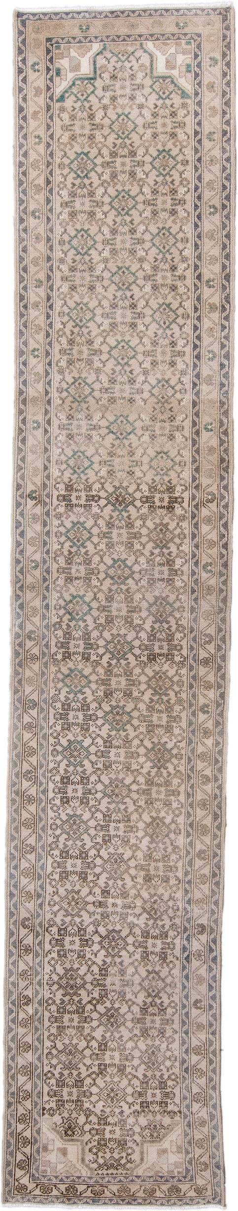 2' x 13' one-of-a-kind handmade antique Hamadan runner rug. Color palette: ivory, taupe, camel, slate, aqua, brown, beige