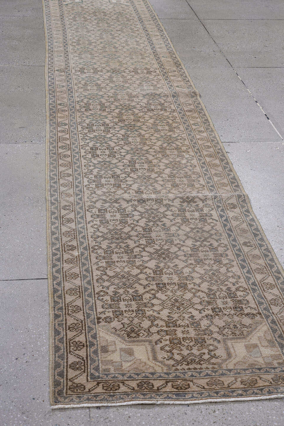 2' x 13' one-of-a-kind handmade antique Hamadan runner rug. Color palette: ivory, taupe, camel, slate, aqua, brown, beige
