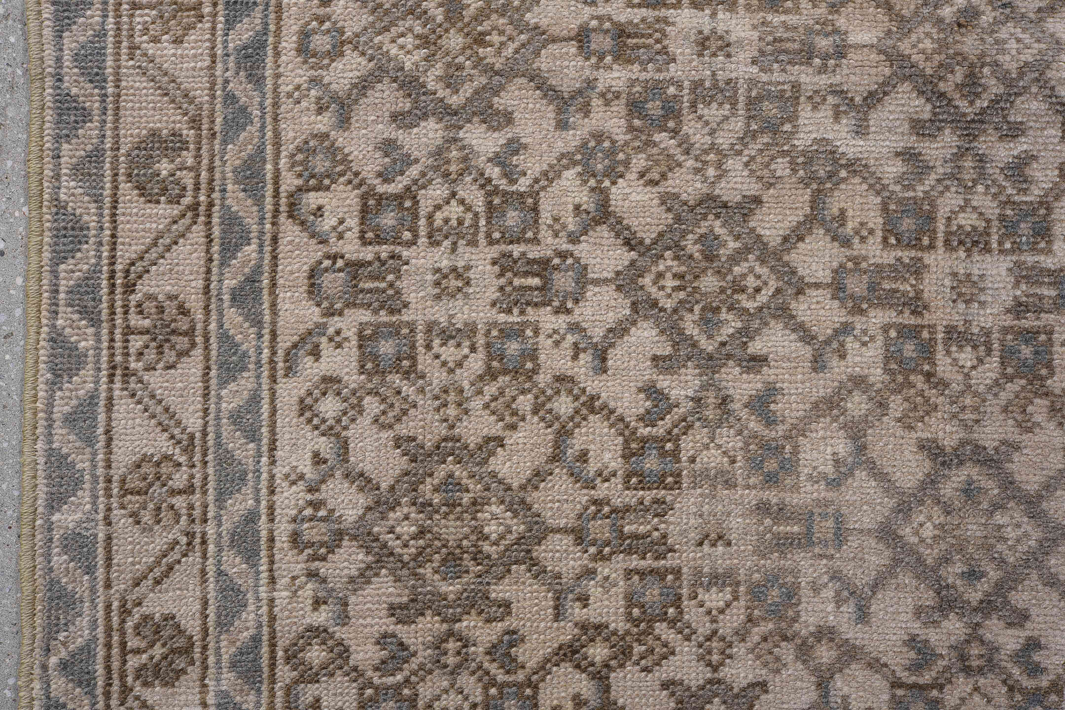 2' x 13' one-of-a-kind handmade antique Hamadan runner rug. Color palette: ivory, taupe, camel, slate, aqua, brown, beige