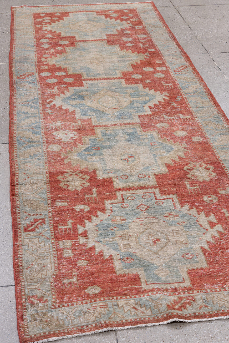 3' x 10' one-of-a-kind handmade antique NW Persian runner rug. Color palette: rust, ivory, pale blue, terracotta, cream