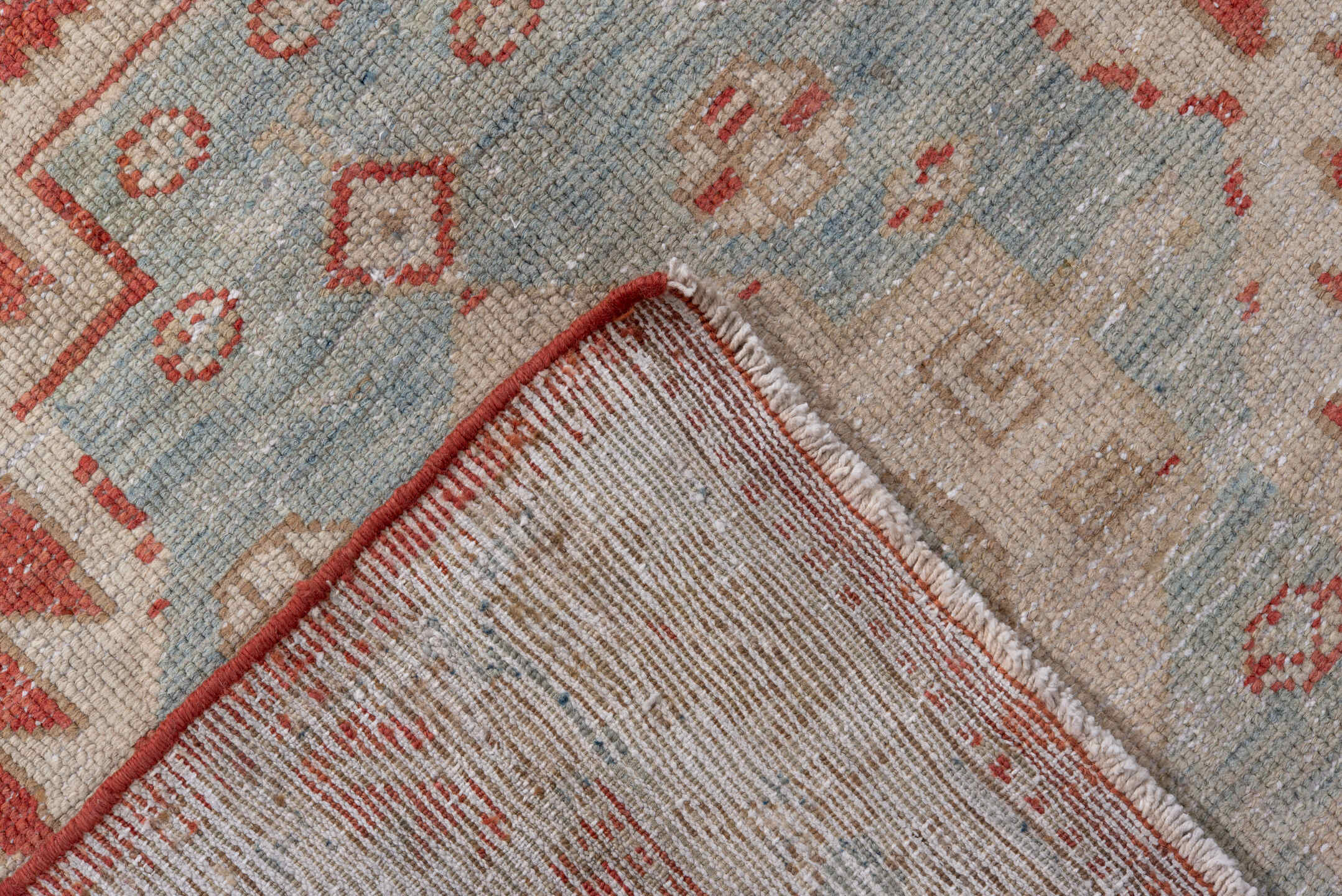 3' x 10' one-of-a-kind handmade antique NW Persian runner rug. Color palette: rust, ivory, pale blue, terracotta, cream
