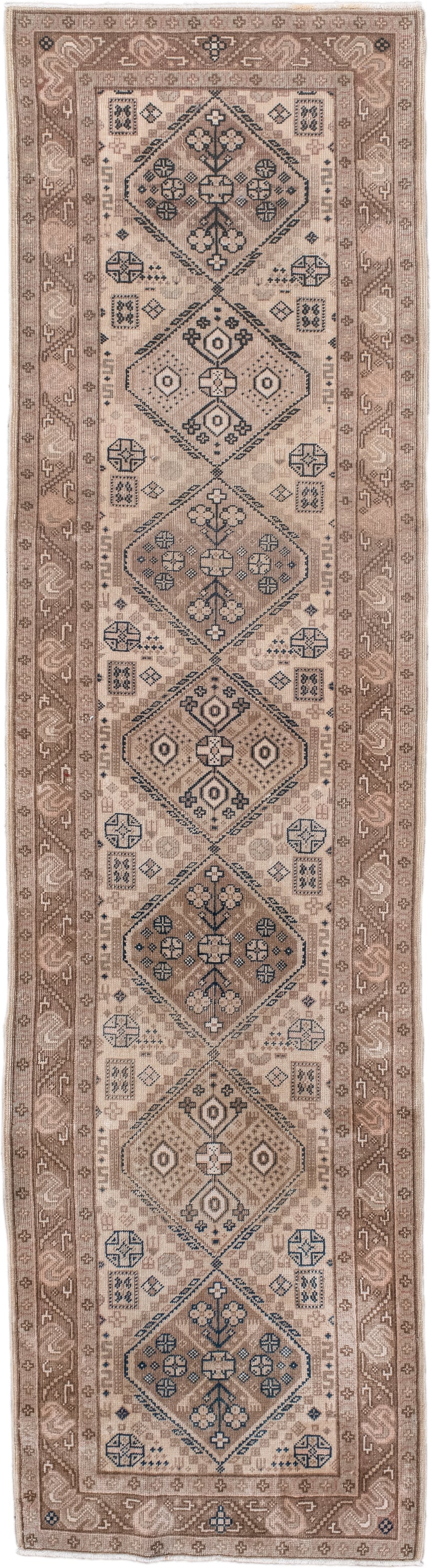 2' x 8' one-of-a-kind handmade antique Sivas runner rug. Color palette: taupe, ivory, dusty rose, slate, beige, brown, gray