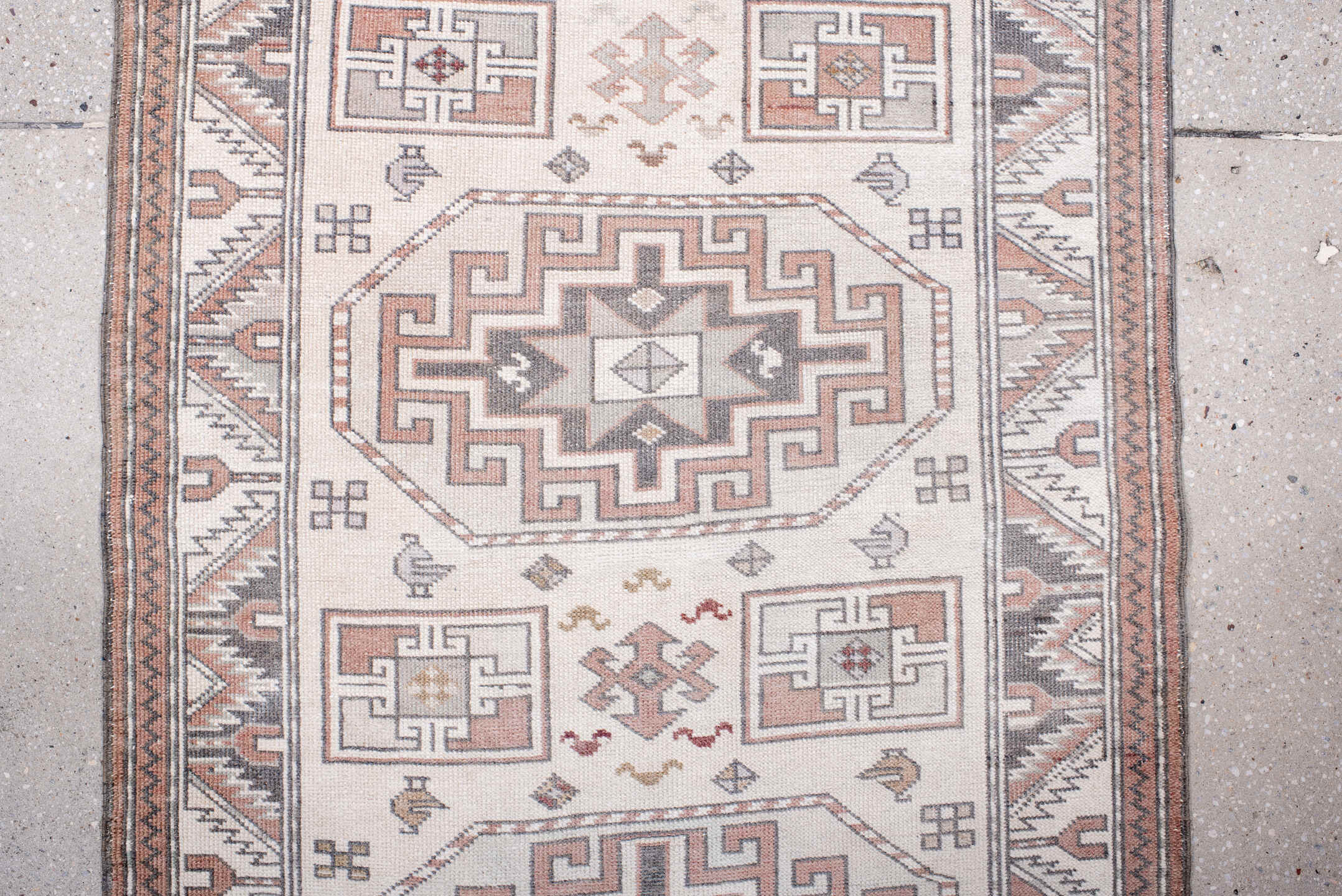 2' x 11' one-of-a-kind handmade antique Sivas runner rug. Color palette: ivory, rust, taupe, slate, rose, camel, terracotta