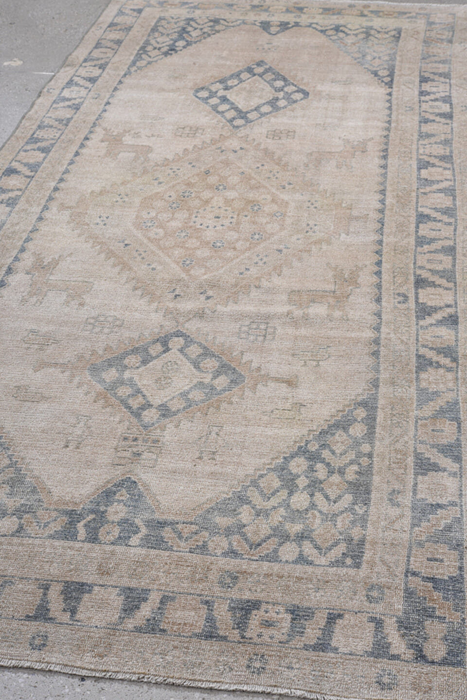 4' x 9' one-of-a-kind handmade antique NW Persian runner rug. Color palette: ivory, pale blue, beige, sand, taupe, camel