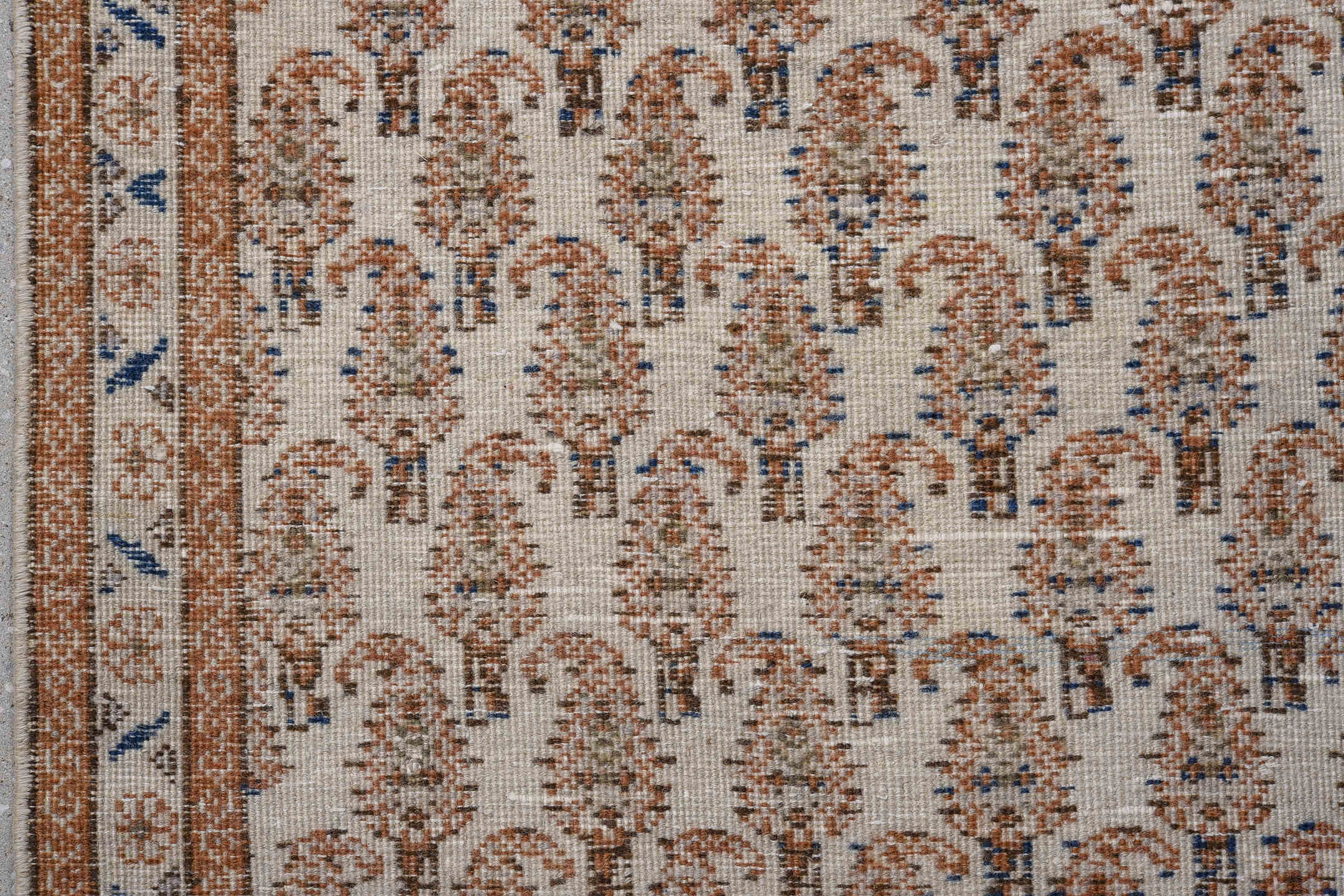 2' x 8' one-of-a-kind handmade vintage Tabriz runner rug. Color palette: blue, brown, fiord, gray, light gray, off-white