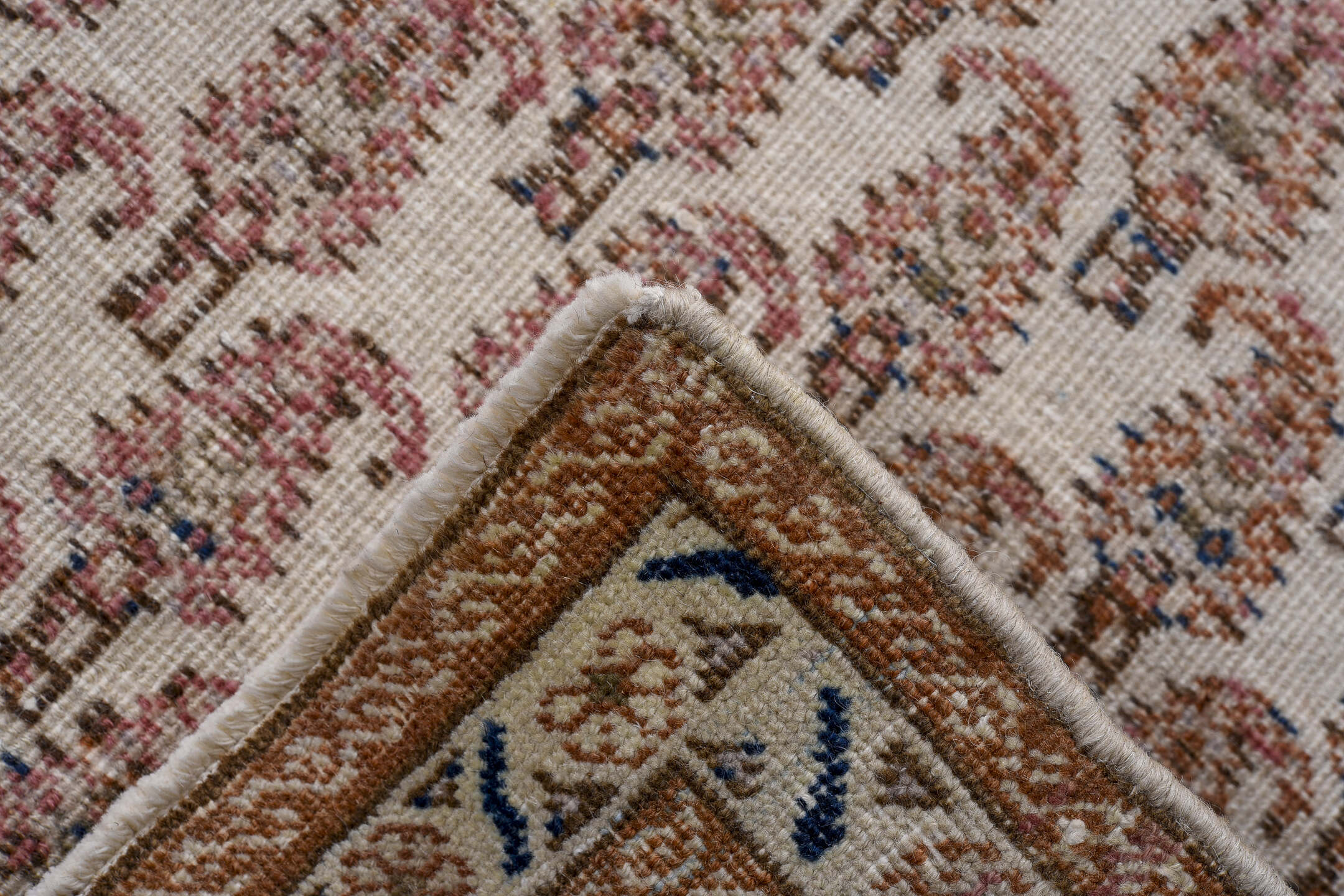 2' x 8' one-of-a-kind handmade antique Tabriz runner rug. Color palette: ivory, rust, camel, blue, rose, taupe, terracotta