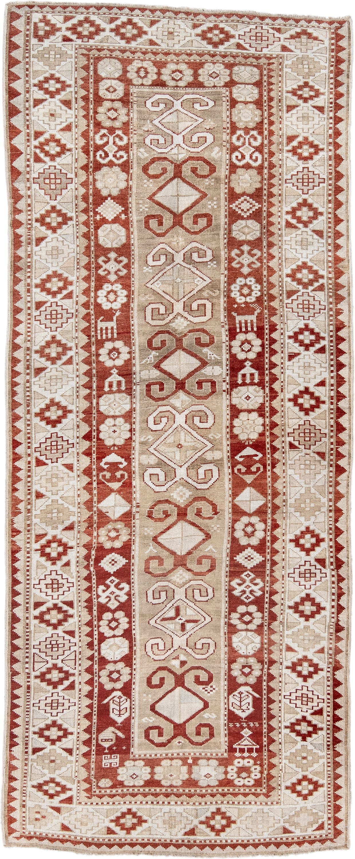 4' x 9' one-of-a-kind handmade antique Caucasian runner rug. Color palette: ivory, rust, camel, brick, beige, terracotta
