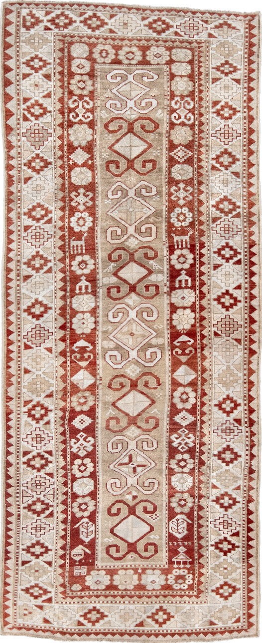 4' x 9' one-of-a-kind handmade vintage Caucasian runner rug. Color palette: brown, gray, light gray, off-white, orange, pink