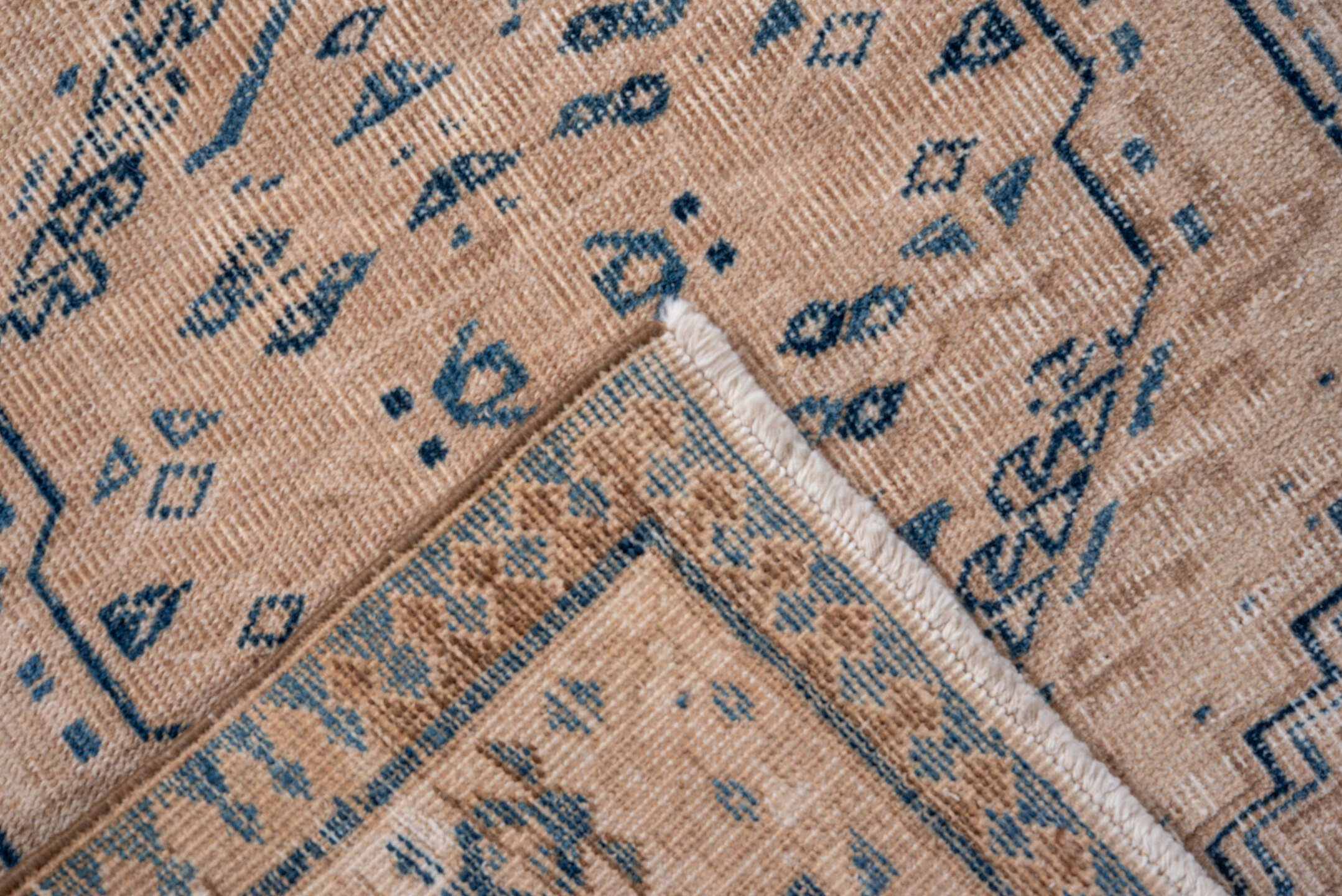 3' x 11' one-of-a-kind handmade vintage Sarab runner rug. Color palette: blue, dark gray, fiord, gray, light gray, off-white